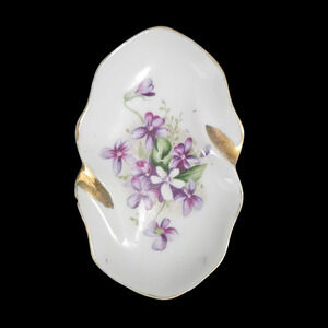 Vintage Porcelain Floral Ashtray Gold Trim Purple Violet Trinket Dish